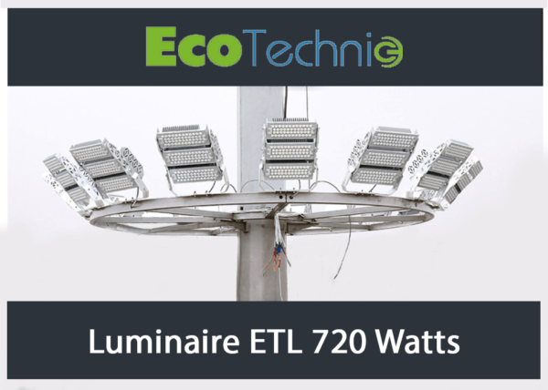 Projecteur LED de 720W, fabriqué en France. Haute efficacité grâce à l’utilisation de LED 5050 ou 3030 haut de gamme (160-180 lm/W Cree ou Lumiled) .