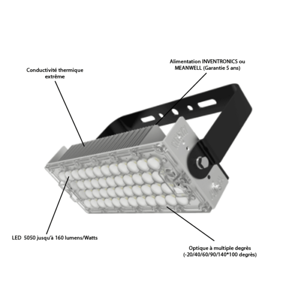 Projecteur LED de 120W, fabriqué en France. Haute efficacité grâce à l’utilisation de LED 5050 ou 3030 haut de gamme (160-180 lm/W Cree ou Lumiled) .